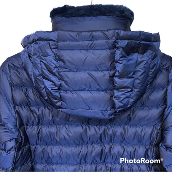 Cole Haan Down Quilted Puffer Hooded Jacket Faux Fur Trim Iridescent Blue Sz XS - Picture 15 of 16
